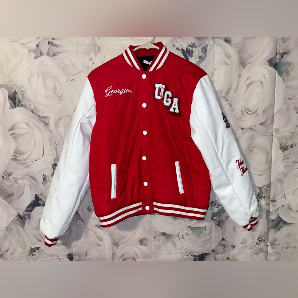 Women's WEAR by Erin Andrews Red Georgia Bulldogs Varsity Puffer Jacket Sz S New - Picture 3 of 10